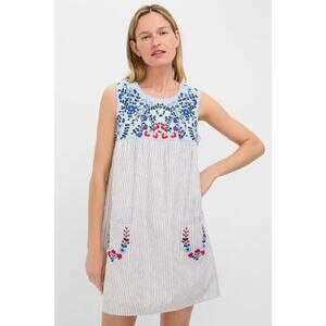 TUCKERNUCK Tan Stripe Embroidered Linen Sunny Mini Dress Size S NWT